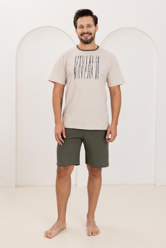 Pánské pyžamo 500 Regina beige - 100% bavlna, krátký rukáv + šortky, lehké a pohodlné na léto
