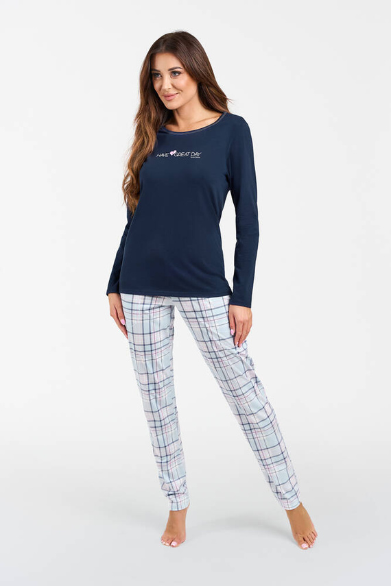 Glamour Dámské pyžamo s dlouhým rukávem a dlouhými kalhotami Italian Fashion - námořnická modř/potisk