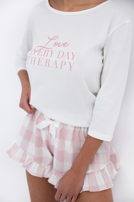 Emily Sensis - Dámské bavlněné pyžamo | 3/4 tričko a kostkované šortky s volánkem