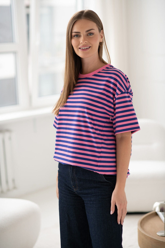 Mamahood Milk&Love růžové a modré pruhované těhotenské a kojící tričko - pohodlné a stylové