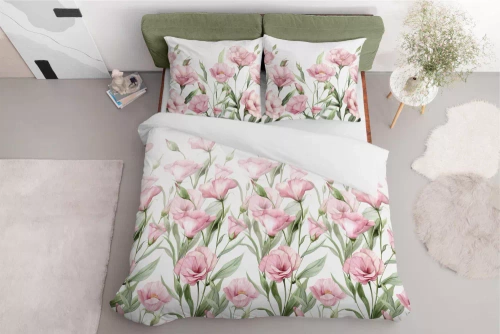 5328 B Pościel satynowa Różowe kwiaty duży na białym tle Detexpol