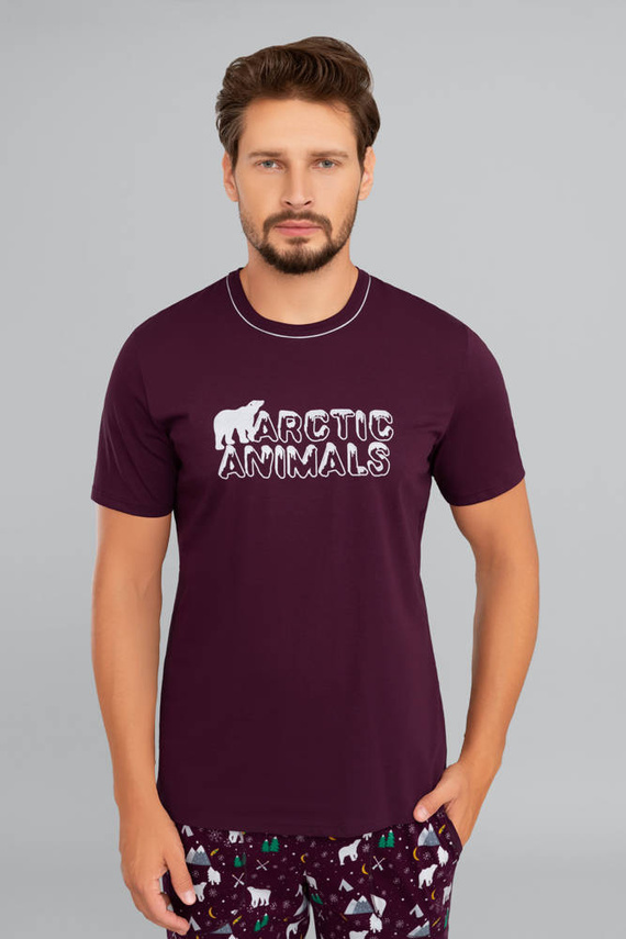 Manfred Pánské pyžamo s krátkým rukávem, dlouhé kalhoty Italian Fashion- bordó/print bordó