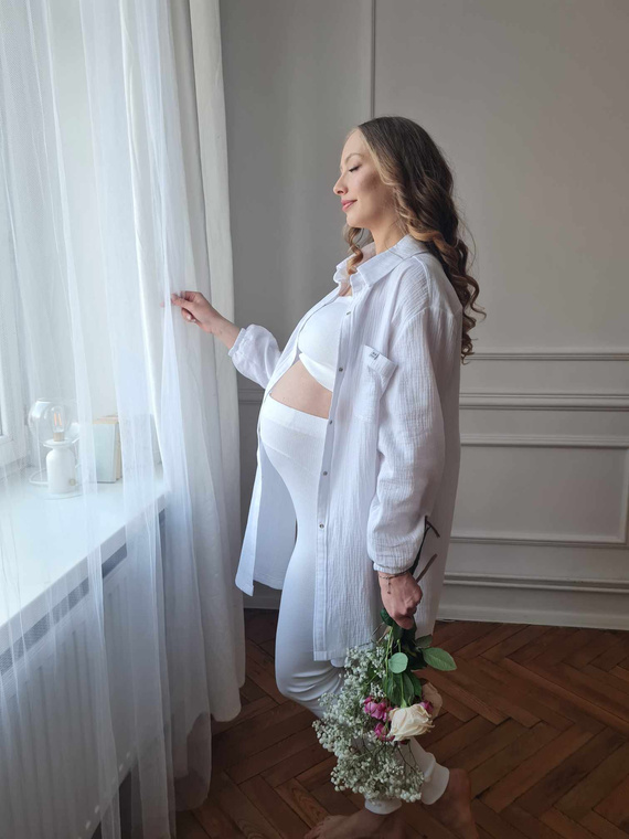 3411C/E Těhotenské legíny s vysokým pasem a žebrováním - pohodlí a styl v jednom - barva ecru