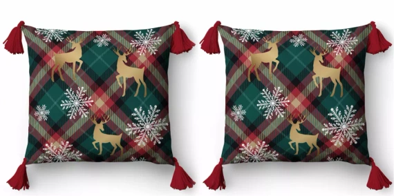 5381 Vánoční dekorační povlak na polštářek Christmas Deco Detexpol sobi a sněhové vločky na mřížkovaném pozadí - zip