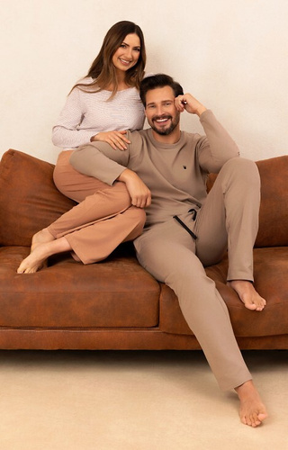 715 Dámské pyžamo Regina béžové - bavlna, pruhované tričko s kapsičkou