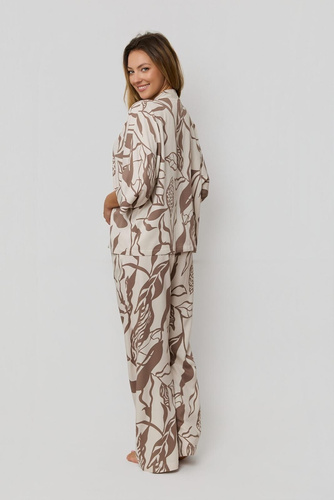 Dámské pyžamo Luna PX63 Mefemi by Nipplex mocha - 100% viskóza, zeleninový potisk, knoflíky, dlouhé kalhoty | Premium Comfort