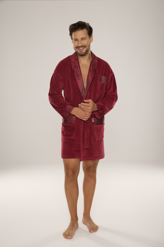 866 Noble Pánský velurový župan De Lafense - krátký, elegantní, bavlna - vínový