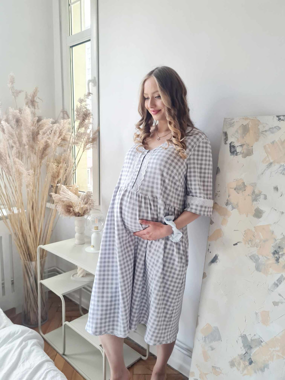 34LI Lidia Těhotenská a kojící košile Marija - 100% bavlna, klasický kostkovaný vzor