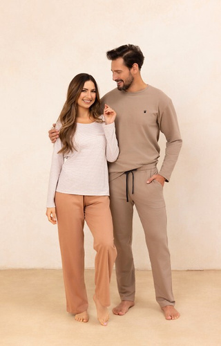 715 Dámské pyžamo Regina béžové - bavlna, pruhované tričko s kapsičkou