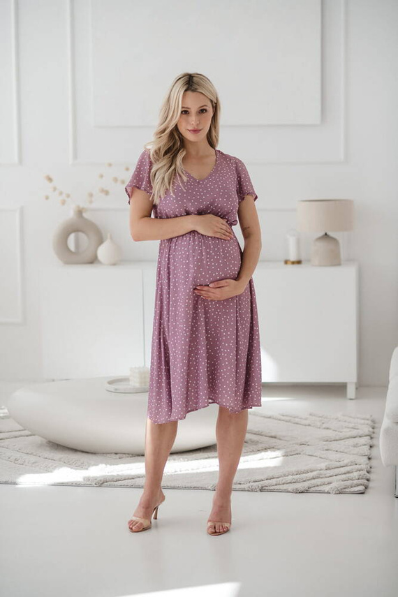 Lovely Dress Midi sukienka ciążowa i do karmienia krótki rękaw Milk&Love lilowy róż w groszki