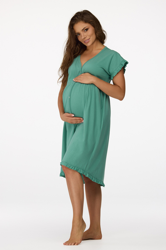 ne. 23 Těhotenská noční košile Senizo zelená - 100% bavlna, krátký rukáv, zapínání na knoflíky při kojení