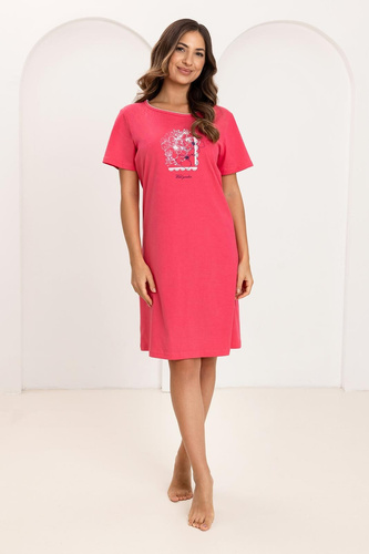 Regina 174 noční košile, bavlna, krátký rukáv, půlkulatý výstřih, malinový potisk