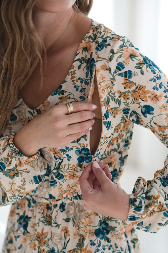 Krásné šaty Midi Milk&Love béžové květinové těhotenské a kojící šaty ze lnu, elegantní střih s kojícími zipy