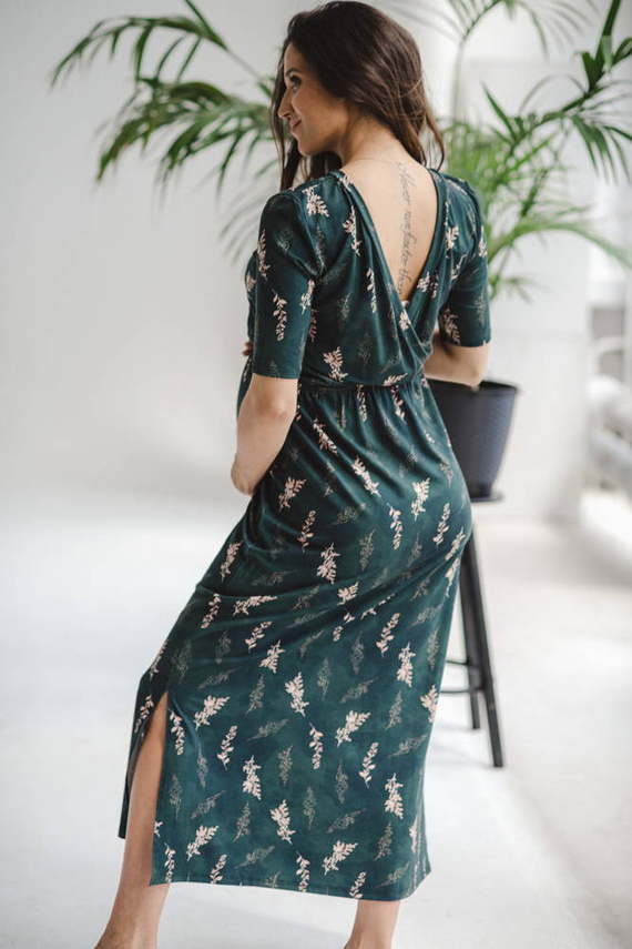 Sukienka ciążowa i do karmienia Two Ways LONG Milk&Love butelkowa zieleń w gałązki