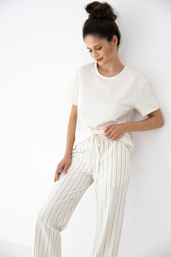 Dámské pyžamo Soleil Sensis ecru-béžové, bavlna, krátký rukáv, dlouhé kalhoty