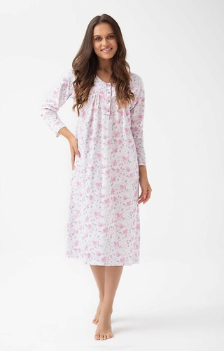 338 Noční košile Luna růžová - bavlna s květinovým vzorem, dlouhá s knoflíky