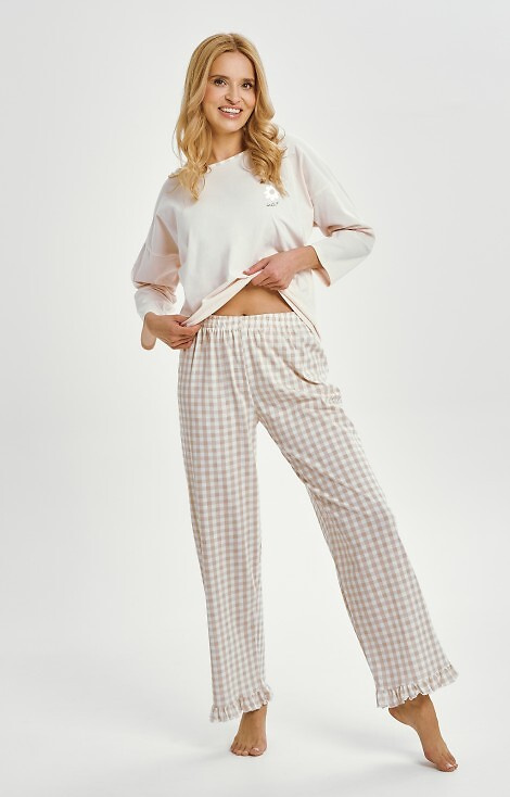 3438 Vera Taro dámské bavlněné pyžamo béžové - dlouhý rukáv, kostkované kalhoty s volánky