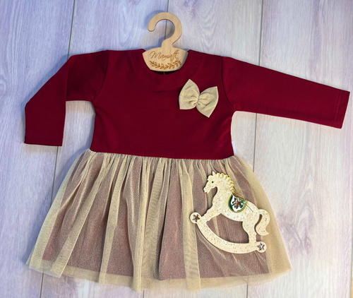 Veselé vánoční dívčí šaty SH04 Mamatti - bordó, dlouhý rukáv, spodní část se zlatým tylem