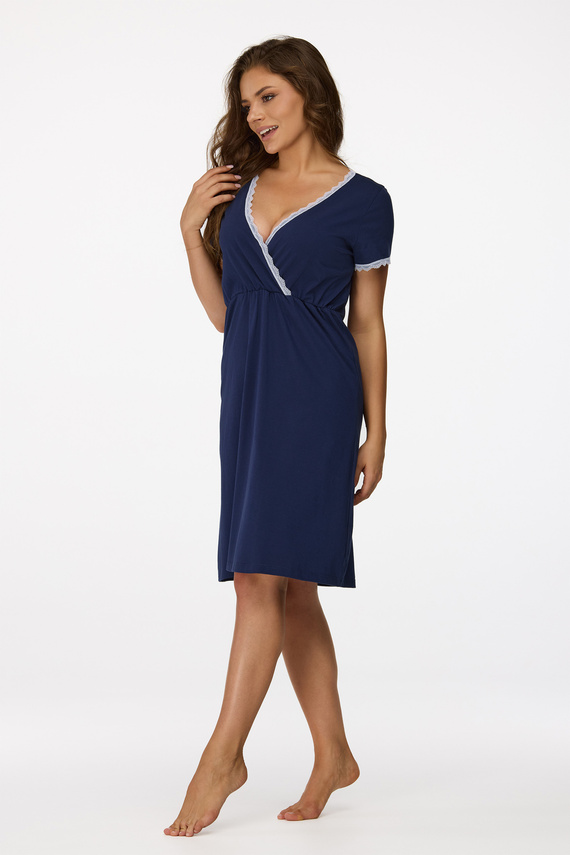 ne. 36 Těhotenská noční košile Senizo navy blue - 100% bavlna, krajka, krátký rukáv, na kojení