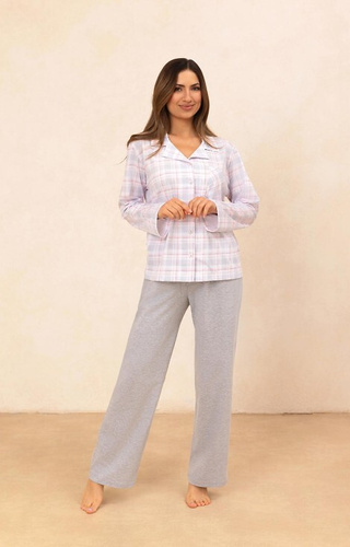 727 Dámské pyžamo Regina šedá - 100% bavlna, kostkovaná košile, zapínání na knoflíky