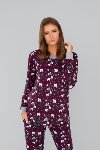 Ava Dámské pyžamo a kalhoty s dlouhým rukávem Italian Fashion - potisk vínová barva