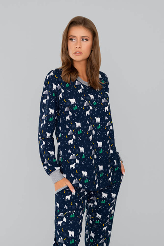 Ava Dámské pyžamo s dlouhým rukávem a kalhoty Italian Fashion - tmavě modrý potisk