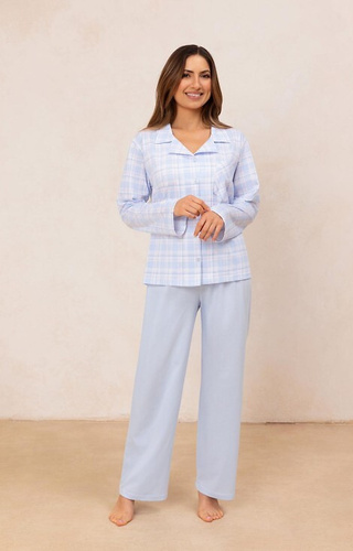 727 Dámské pyžamo Regina modrá - 100% bavlna, kostkovaná košile na knoflíky