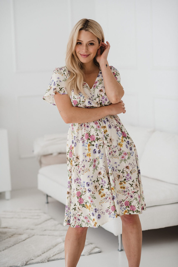 Krásné šaty mateřské a kojící s krátkým rukávem Milk&Love krémové květinové šaty