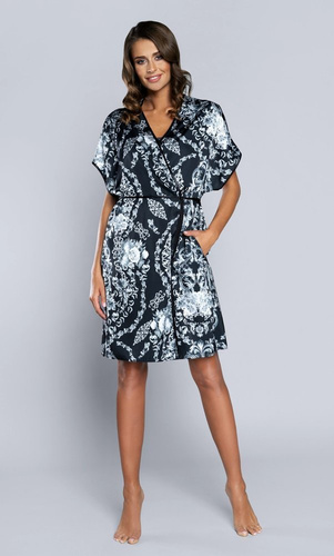 Stříbrný dámský župan s krátkým rukávem Saténová italská móda - tmavě modrá