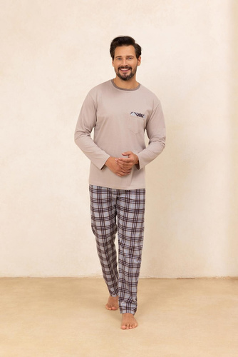 Regina 488 - béžové pánské bavlněné pyžamo s dlouhými rukávy, klasický střih