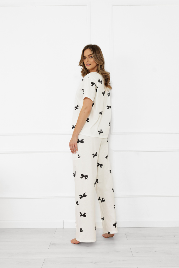 Dámské pyžamo Figaro - ecru, bavlna, krátký rukáv + dlouhé kalhoty Italian Fashion