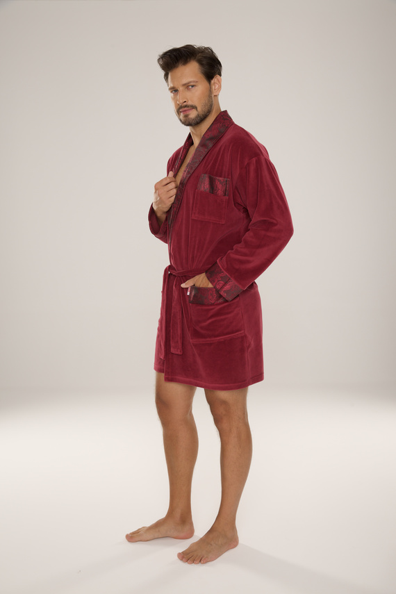 866 Noble Pánský velurový župan De Lafense - krátký, elegantní, bavlna - vínový