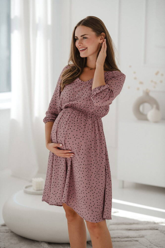 Lovely Dress sukienka ciążowa i do karmienia rękaw 3/4 Milk&Love liliowa w czarne groszki