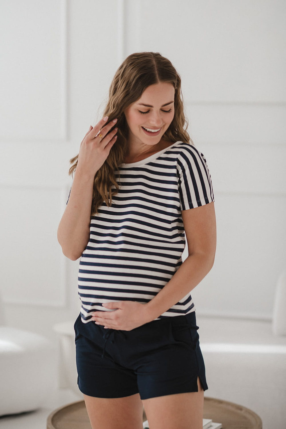 Těhotenská a kojící halenka Two Ways | Krátký rukáv, pohodlná Milk&Love námořnická modrá a bílé pruhy