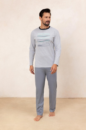 Regina 492 šedá - pánské bavlněné pyžamo s dlouhým rukávem, klasický střih