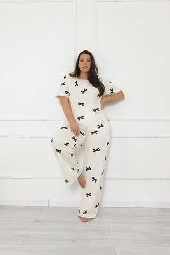 Dámské pyžamo Figaro - ecru, bavlna, krátký rukáv + dlouhé kalhoty Italian Fashion