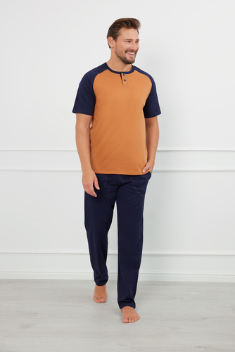 Alexander Pánské pyžamo s krátkým rukávem, dlouhé kalhoty Italian Fashion - koňaková/granátová