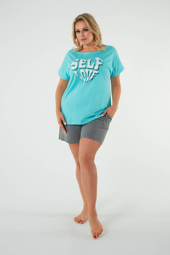 Selfie Dámské pyžamo s krátkým rukávem, šortky Italian Fashion - tyrkysová/melanžová