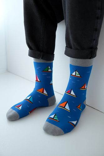 Milena Avangard 0125-117 - Pánské bavlněné ponožky 'Sailboats' | Polská výroba - denim