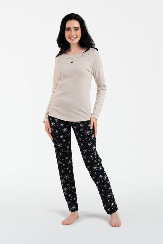 Denali Dámské pyžamo s dlouhým rukávem a dlouhými kalhotami Italian Fashion - béžová melanž/potisk