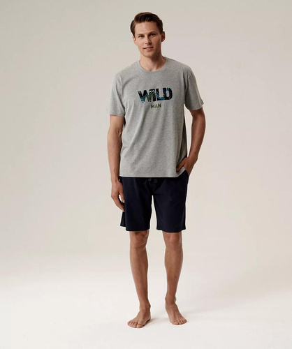 Pánské pyžamo NMP-396 - šedomodré a bavlněné, krátký rukáv, lehké a pohodlné na léto