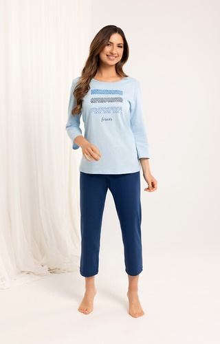 709 Dámské bavlněné modré pyžamo - 3/4 rukáv, 3/4 kalhoty, barevný potisk