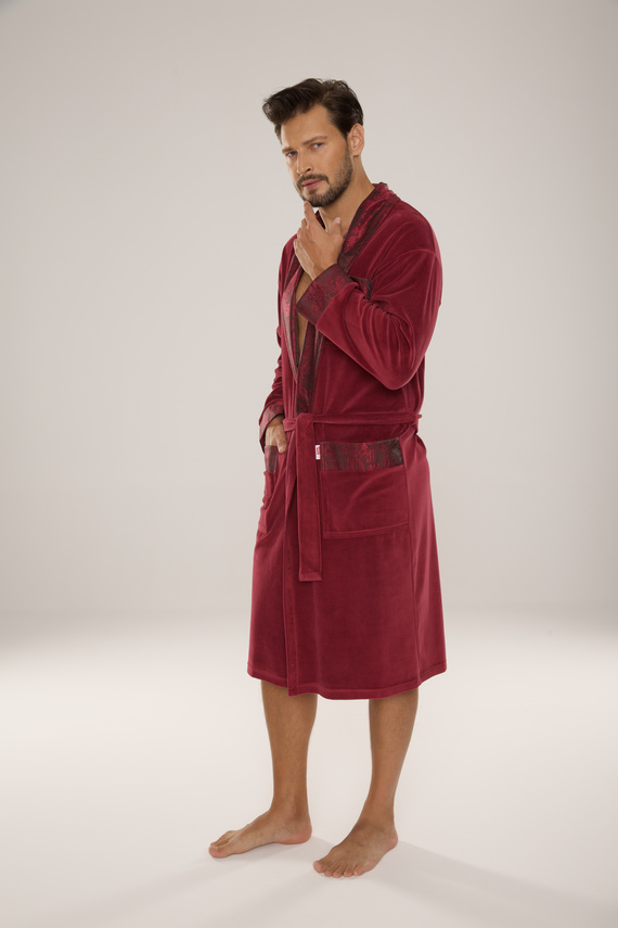 868 Noblesní pánský velurový župan De Lafense - elegantní, měkký, prémiový, vínový
