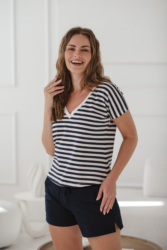 Těhotenská a kojící halenka Two Ways | Krátký rukáv, pohodlná Milk&Love námořnická modrá a bílé pruhy