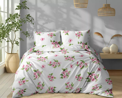 5766 A Cotton Bloom Detexpol bílé povlečení s růžovými květy - 100% bavlna, oboustranné, polská výroba