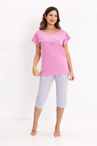 Dámské pyžamo 735 Regina růžové - bavlna, krátký rukáv, 3/4 kalhoty, ozdobný potisk