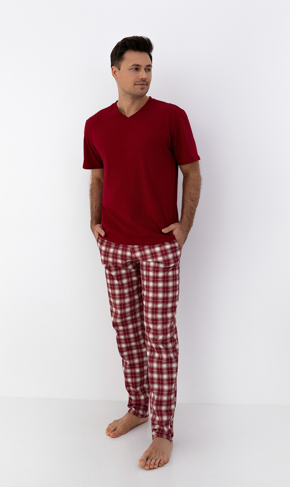 Matthew Pyžamo Sensis - pánské bavlněné pyžamo s výstřihem do V a kostkovanými kalhotami