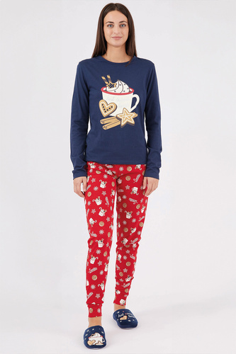 Natalie Sorbetto navy blue - dlouhé dámské bavlněné vánoční pyžamo se sněhovými vločkami