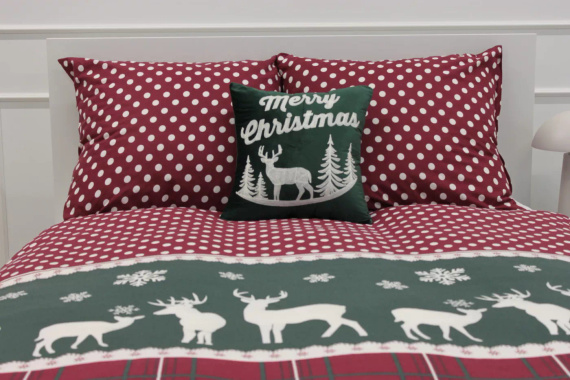Vánoční bavlněné povlečení Spod Igły i Nitki - sobí kostka červená hrášková zelená, sada se zipem, 100% bavlna