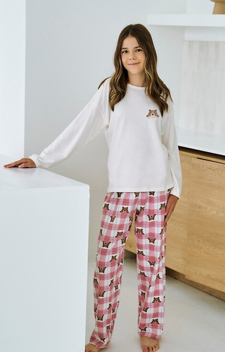 3503 Astrid Taro dívčí pyžamo béžové - bavlna, potisk, kostkované kalhoty